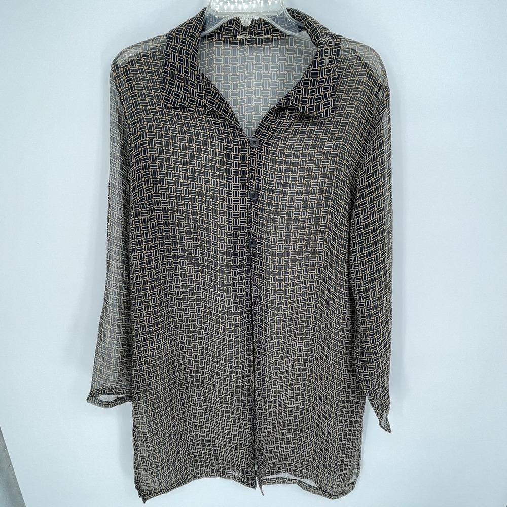 Women's Black Geometric Sheer Mesh Button Up Tunic Top‎ Size L